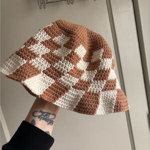 Brown and Cream Checkered Crochet Bucket Hat